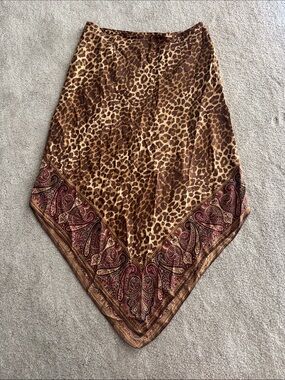 GAP Leopard Print Asymmetrical Skirt with Paisley Border - Brown, Tan, Burgundy